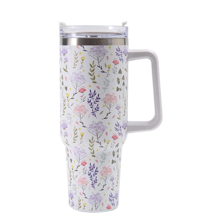 Cana Termos din Plastic, , pentru Bauturi Calde si Reci, cu Maner, Imprimeu Floral,  Alb, 10x7.6x27.5 cm