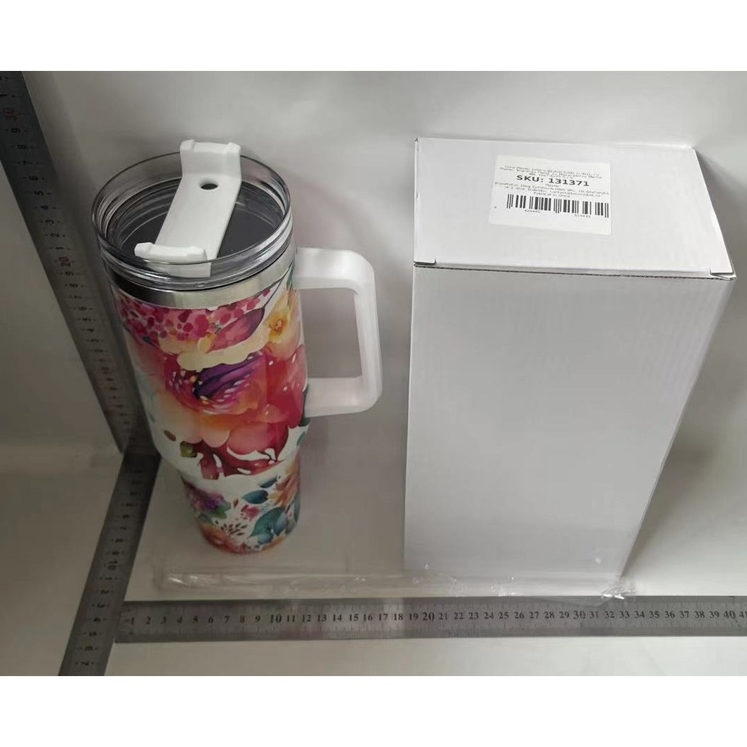 Cana Termos din Plastic, , pentru Bauturi Calde si Reci, cu Maner, Imprimeu Floral, cu Mesaj pentru Mama, Alb, 10x7.6x27.5 cm - imagine 2