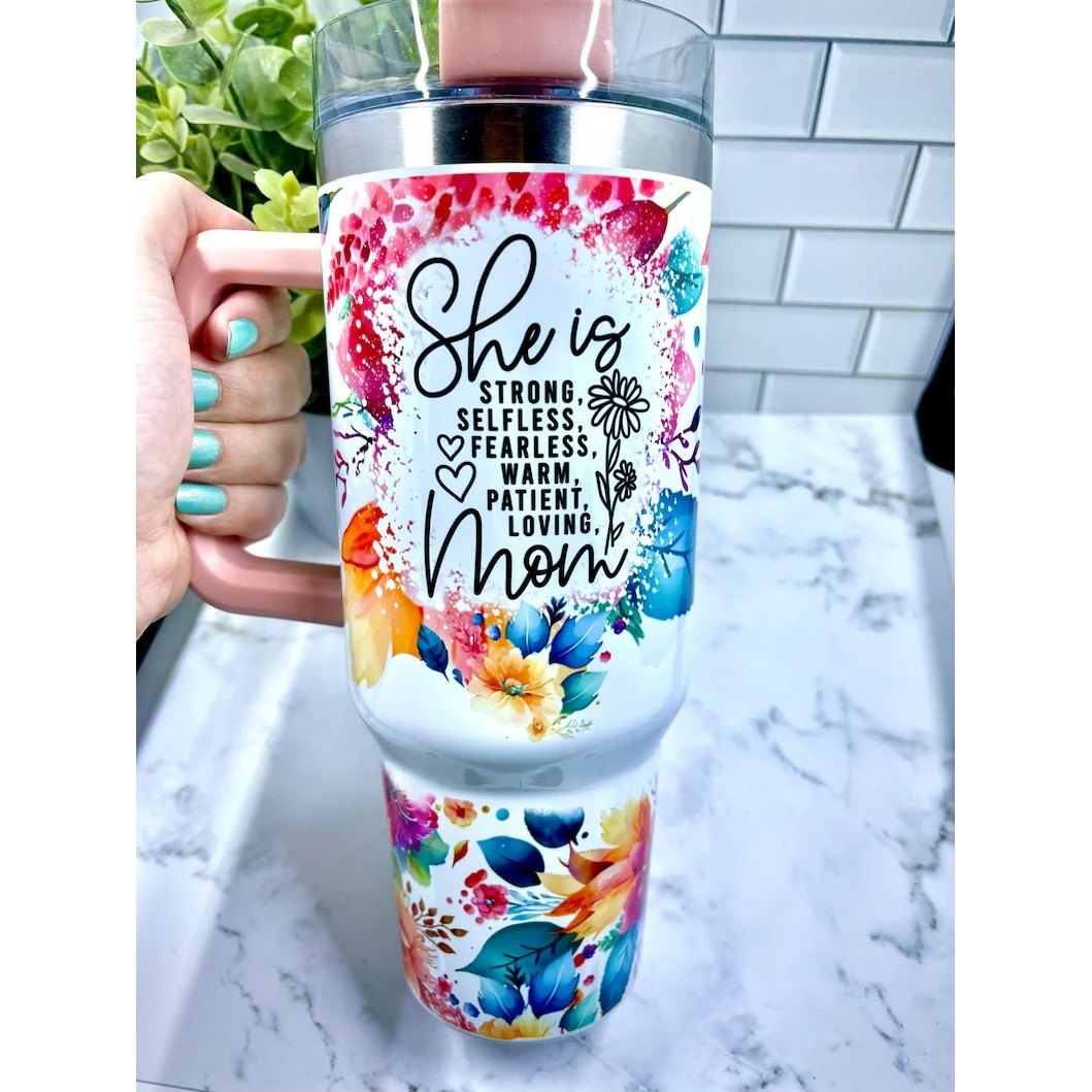 Cana Termos din Plastic, , pentru Bauturi Calde si Reci, cu Maner, Imprimeu Floral, cu Mesaj pentru Mama, Alb, 10x7.6x27.5 cm - imagine 4