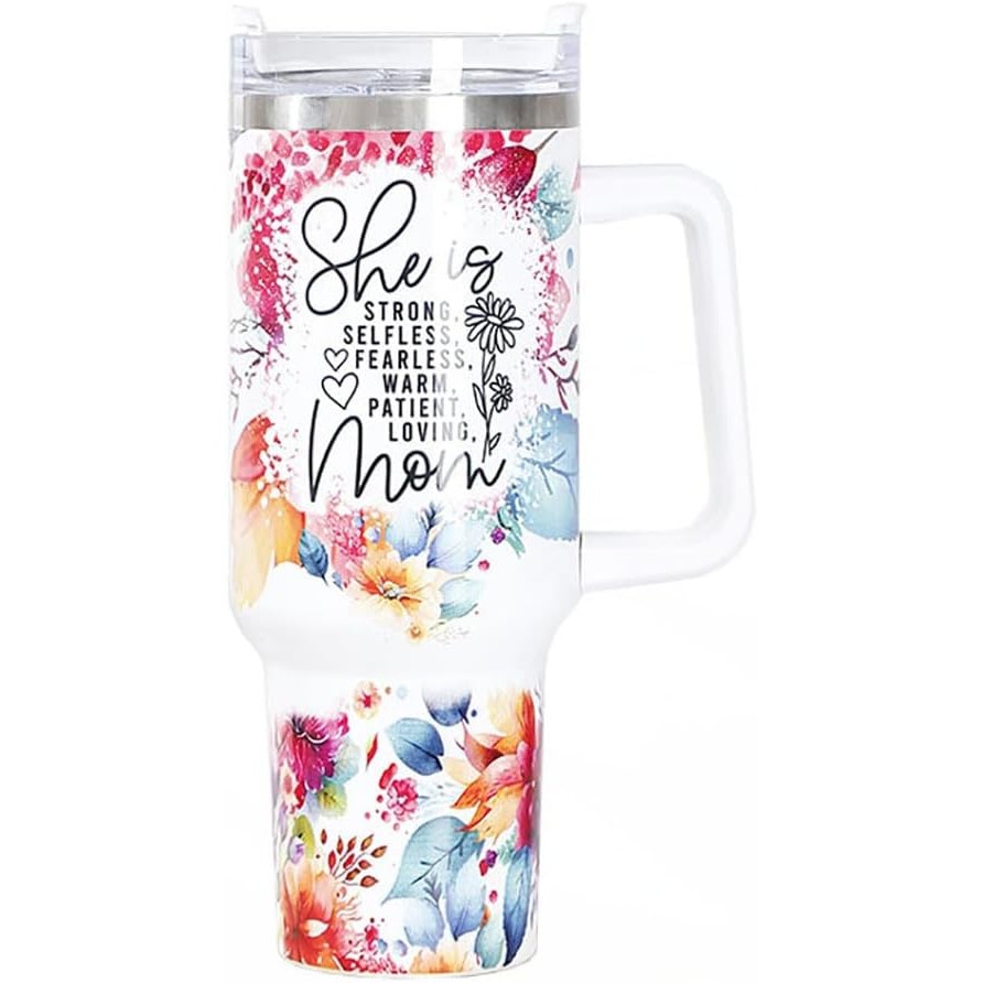 Cana Termos din Plastic, , pentru Bauturi Calde si Reci, cu Maner, Imprimeu Floral, cu Mesaj pentru Mama, Alb, 10x7.6x27.5 cm