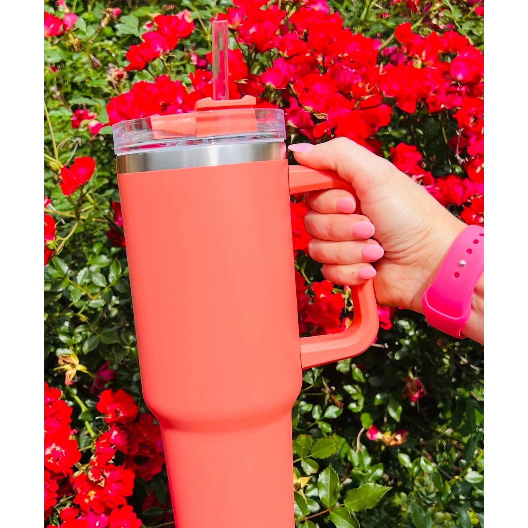 Cana Termos din Plastic, , pentru Bauturi Calde si Reci, cu Maner, 9.9x9.9x27 cm, Portocaliu - imagine 3