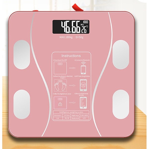 Cantar Electronic Inteligent De Baie  Cu Aplicatie Smart, Corporal, Ecran Digital Iluminat, Termometru, Suporta Maxim 180 Kg, 26 x 26 cm, Baterii, Roz - imagine 2