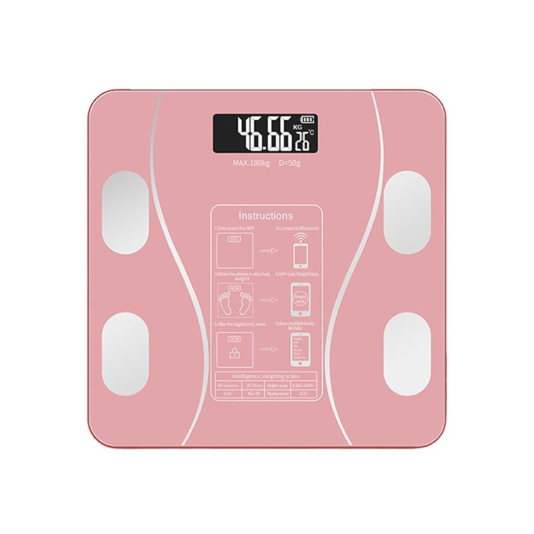 Cantar Electronic Inteligent De Baie  Cu Aplicatie Smart, Corporal, Ecran Digital Iluminat, Termometru, Suporta Maxim 180 Kg, 26 x 26 cm, Baterii, Roz