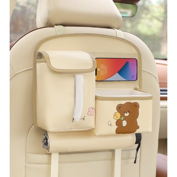 Geanta Multifunctionala de Depozitare, , pentru Bancheta din Spate a Masinii, Animat, Model Ursuleti, Scris Good Day, Suport Servetele si Telefon, 25x31 cm, Bej - imagine 3