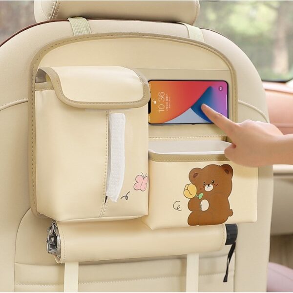 Geanta Multifunctionala de Depozitare, , pentru Bancheta din Spate a Masinii, Animat, Model Ursuleti, Scris Good Day, Suport Servetele si Telefon, 25x31 cm, Bej - imagine 4