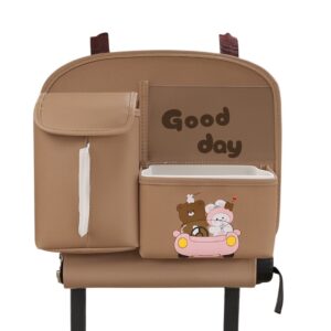 Geanta Multifunctionala de Depozitare, , pentru Bancheta din Spate a Masinii, Animat, Model Ursuleti, Scris Good Day, Suport Servetele si Telefon, 25x31 cm, Maro