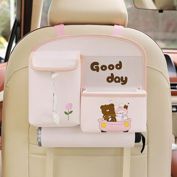 Geanta Multifunctionala de Depozitare, , pentru Bancheta din Spate a Masinii, Animat, Model Ursuleti, Scris Good Day, Suport Servetele si Telefon, 25x31 cm, Roz - imagine 4