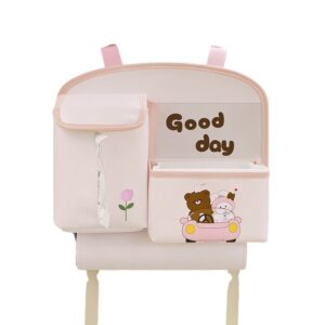 Geanta Multifunctionala de Depozitare, , pentru Bancheta din Spate a Masinii, Animat, Model Ursuleti, Scris Good Day, Suport Servetele si Telefon, 25x31 cm, Roz