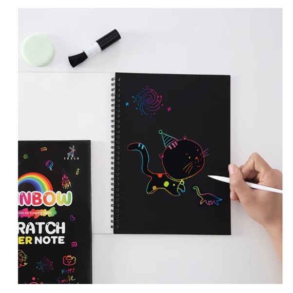 Caiet cu Foi de Hartie de Razuit, , cu Un Stilou din Bambus, pentru Desen, Curcubeu, 19 x 26 cm, Negru - imagine 2