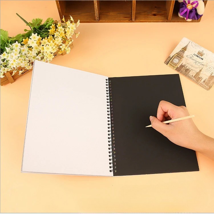 Caiet cu Foi de Hartie de Razuit, , cu Un Stilou din Bambus, pentru Desen, Curcubeu, 19 x 26 cm, Negru - imagine 3