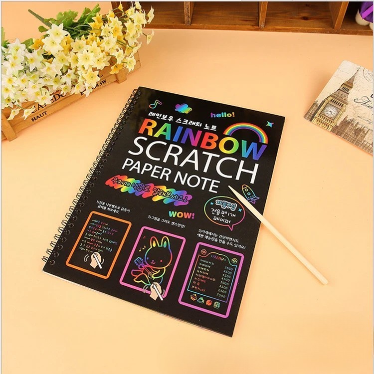 Caiet cu Foi de Hartie de Razuit, , cu Un Stilou din Bambus, pentru Desen, Curcubeu, 19 x 26 cm, Negru - imagine 4