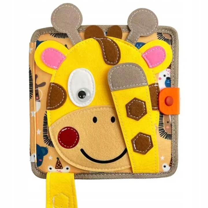 Carte Senzoriala Educativa Montessori 7in1, , Dezvoltare Abilitati Motorii, 8 Pagini, 3D, cu Elemente Detasabile, Model Girafa, 21x21x8 cm, Maro - imagine 3
