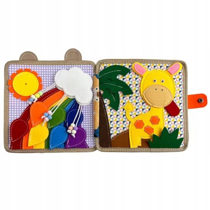 Carte Senzoriala Educativa Montessori 7in1, , Dezvoltare Abilitati Motorii, 8 Pagini, 3D, cu Elemente Detasabile, Model Girafa, 21x21x8 cm, Maro - imagine 4