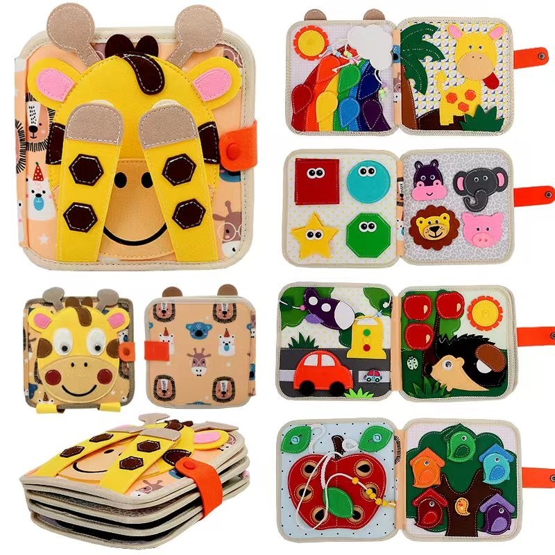Carte Senzoriala Educativa Montessori 7in1, , Dezvoltare Abilitati Motorii, 8 Pagini, 3D, cu Elemente Detasabile, Model Girafa, 21x21x8 cm, Maro