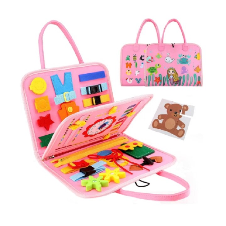 Carte Senzoriala Educativa Montessori, , Dezvoltare Abilitati Motorii, 3 Pagini, Model Sirena si Alfabet, 28x25x4 cm, Roz
