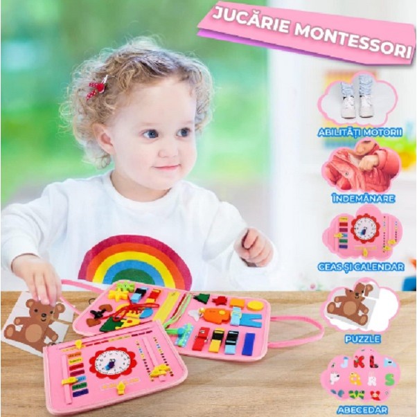 Carte Senzoriala Educativa Montessori, , Dezvoltare Abilitati Motorii, 3 Pagini, Model Sirena si Alfabet, 28x25x4 cm, Roz - imagine 4