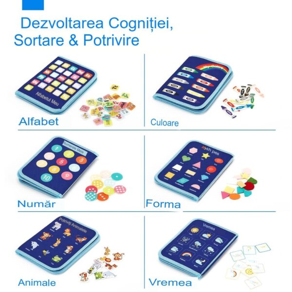 Carte Senzoriala Educativa Montessori, , Dezvoltare Abilitati Motorii, 5 Pagini, Model Dinozauri, 28x22x7 cm, Albastru - imagine 2
