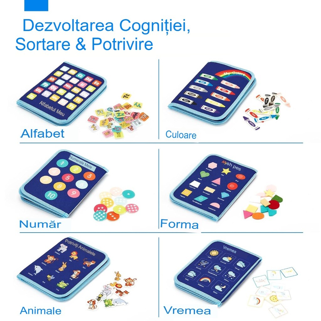 Carte Senzoriala Educativa Montessori, , Dezvoltare Abilitati Motorii, 5 Pagini, Model Dinozauri, 28x22x7 cm, Albastru - imagine 2