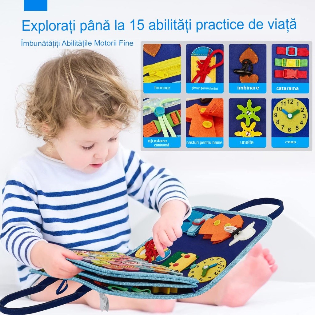 Carte Senzoriala Educativa Montessori, , Dezvoltare Abilitati Motorii, 5 Pagini, Model Dinozauri, 28x22x7 cm, Albastru - imagine 3