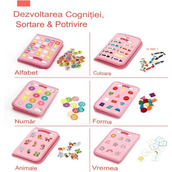 Carte Senzoriala Educativa Montessori, , Dezvoltare Abilitati Motorii, 5 Pagini, Model Unicorni, 28x22x7 cm, Roz - imagine 2