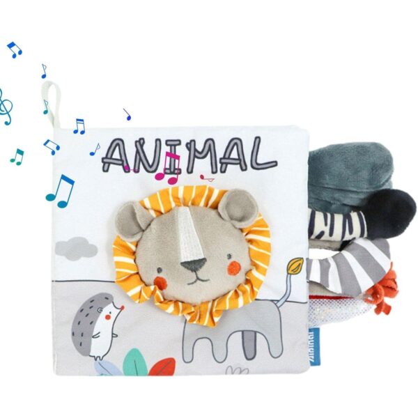Carte Senzoriala, , pentru Bebelusi, 15x16x6 cm, cu Animalute, 3D, Cu Sunete si Fosnete, 0-3 Ani, Model Leu, Gri - imagine 3