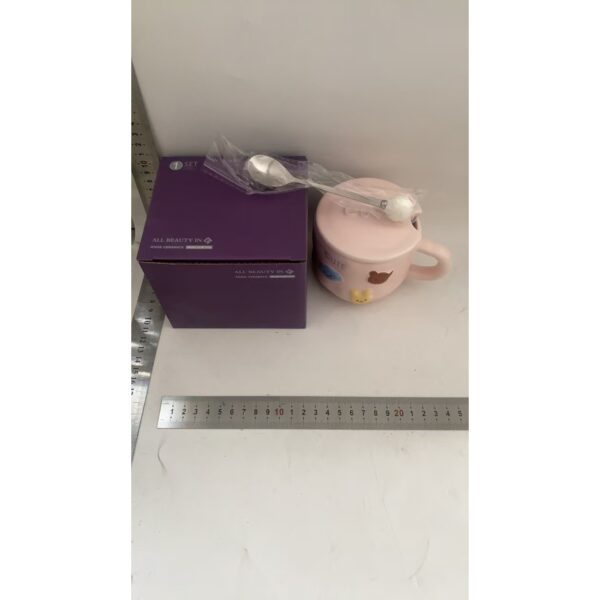 Cana ceramica, , din Portelan, print Figurine Animalute, Cana penru Copii, Model CUTE, Cana cu Lingura si Capac, Ceasca pentru Cafea, Ceai, 400ml Roz - imagine 2