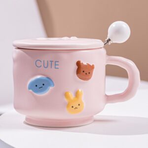 Cana ceramica, , din Portelan, print Figurine Animalute, Cana penru Copii, Model CUTE, Cana cu Lingura si Capac, Ceasca pentru Cafea, Ceai, 400ml Roz