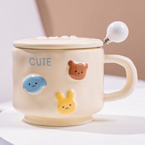 Cana ceramica, , din Portelan, print Figurine Animalute, Cana penru Copii, Model CUTE, Cana cu Lingura si Capac, Ceasca pentru Cafea, Ceai, 400mlÂ Galben