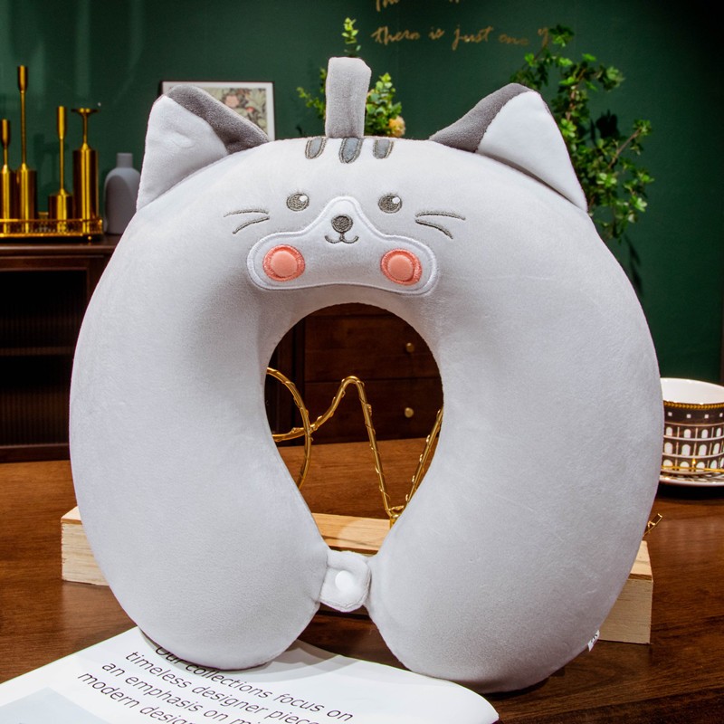 Perna de Calatorie in Forma de U, , Pentru Gat si Cap, Umplutura din Spuma cu Memorie, 30x30 cm, Model Pisica, Accesoriu de Voiaj, Birou, Masina, Sistem Prindere Capse, Gri - imagine 2