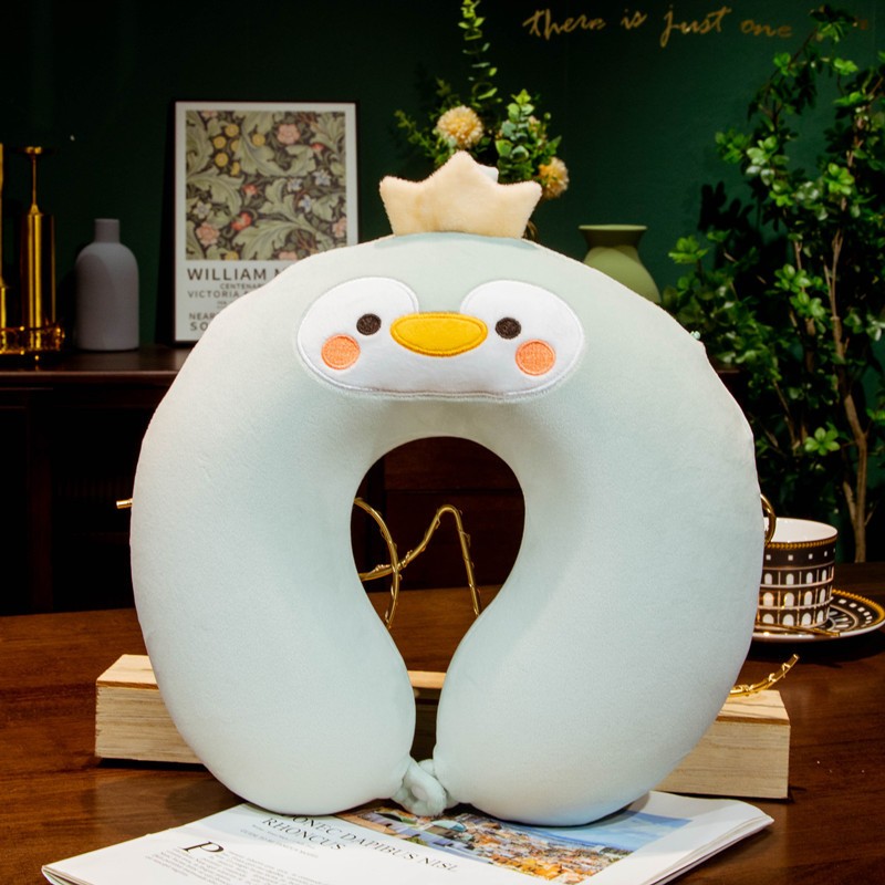 Perna de Calatorie in Forma de U, , Pentru Gat si Cap, Umplutura din Spuma cu Memorie, 30x30 cm, Model Pinguin, Accesoriu de Voiaj, Birou, Masina, Sistem Prindere Capse, Verde - imagine 2