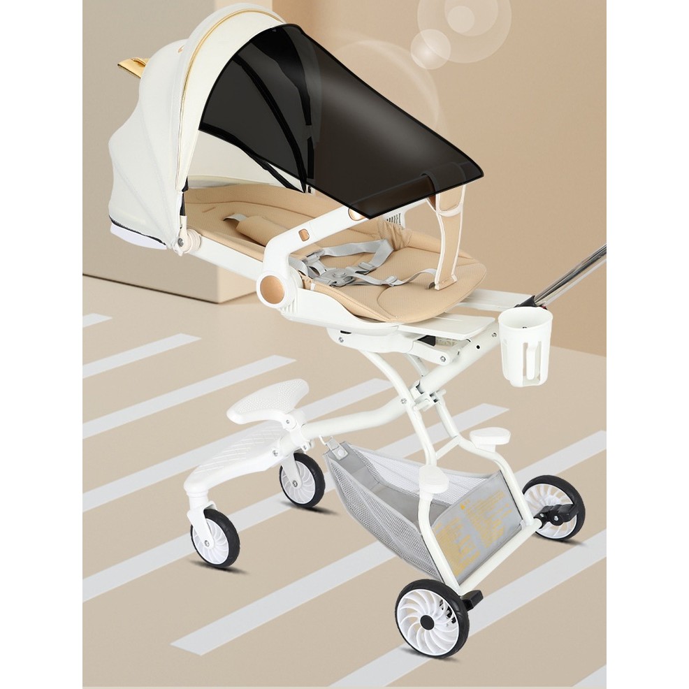 Carucior Sport  3in1, 6-36 Luni, Reversibil, Pliabil, Tavita pentru Masa, Pozitie de Somn, Centura de Siguranta, Roti 360, Suport Pahar, Copertina pentru Soare, 32x63x95cm, Alb, Model Ursulet - imagine 4