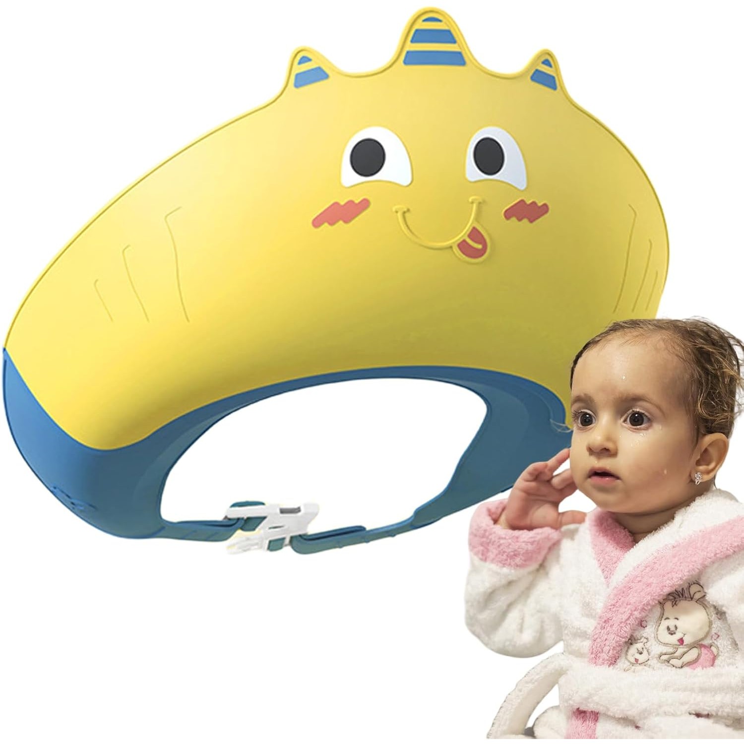Casca de Dus, , Previne Scurgerea Apei si Samponului pe Fata, 0-12 Ani, Ajustabila, din TPE+PP, 20 x 23 cm, Model Unicorn, Galben/Albastru - imagine 2