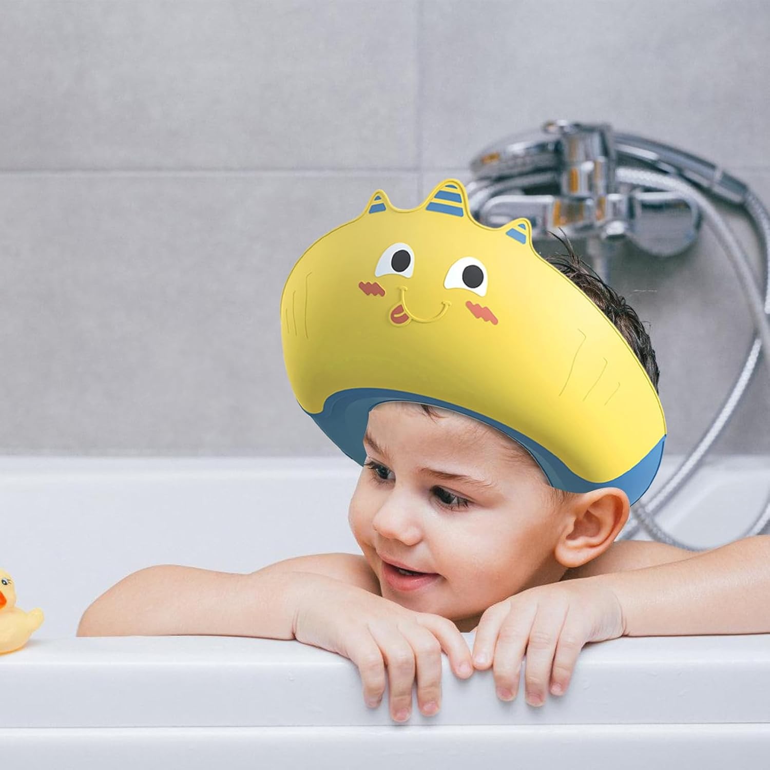 Casca de Dus, , Previne Scurgerea Apei si Samponului pe Fata, 0-12 Ani, Ajustabila, din TPE+PP, 20 x 23 cm, Model Unicorn, Galben/Albastru - imagine 3
