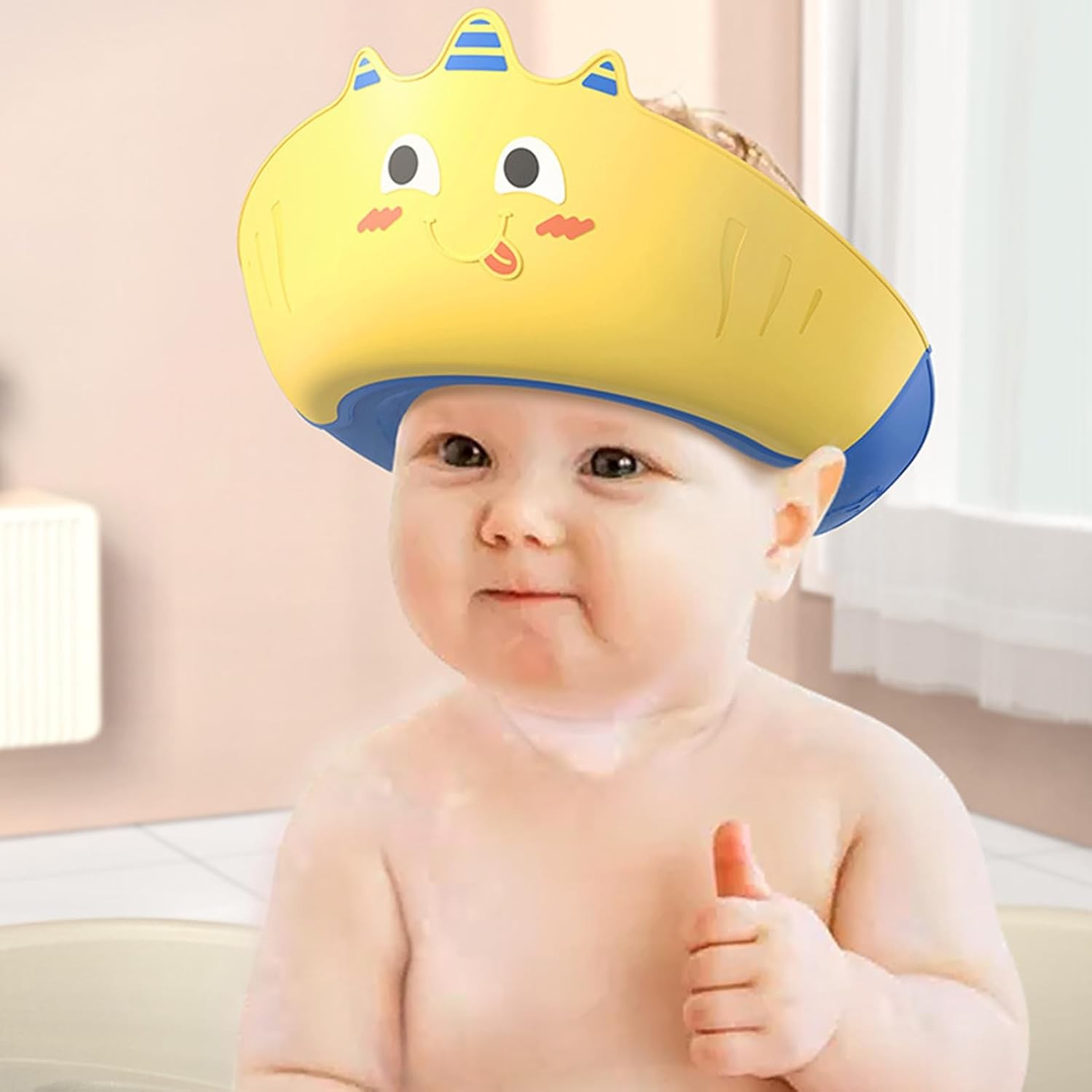 Casca de Dus, , Previne Scurgerea Apei si Samponului pe Fata, 0-12 Ani, Ajustabila, din TPE+PP, 20 x 23 cm, Model Unicorn, Galben/Albastru - imagine 4