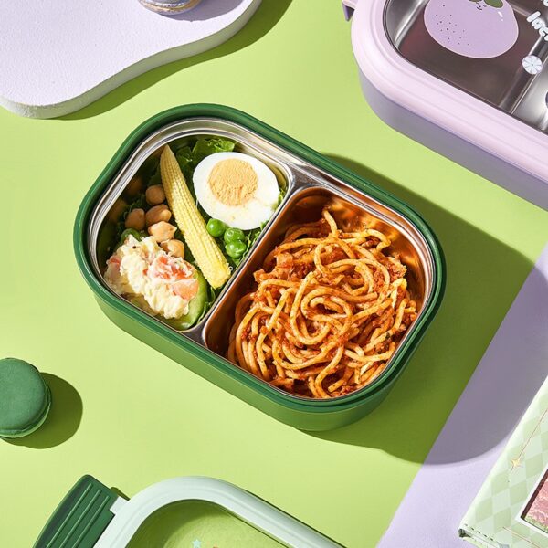 Caserola Container pentru Pranz, , Caserola LUNCH BOX pentru Studenti, din Plastic PP, pentru Scoala, Compartiment Metalic in Interior, 22.5 x 14.5 x 8 cm, Verde - imagine 3