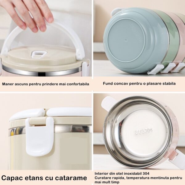 Caserola pentru alimente , lunch box, 700 ml, otel inoxidabil, maner, valva aerisire, inchidere etansa, 15 x 8.5 cm, albastru - imagine 3