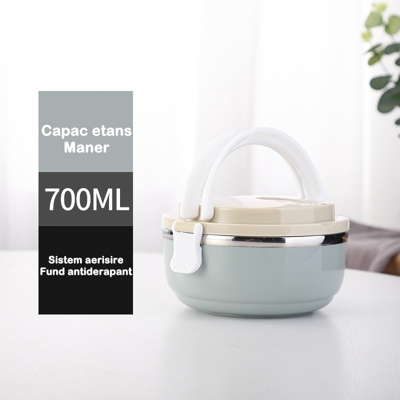 Caserola pentru alimente , lunch box, 700 ml, otel inoxidabil, maner, valva aerisire, inchidere etansa, 15 x 8.5 cm, albastru - imagine 4