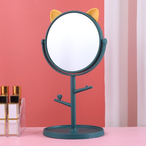 Oglina Cosmetica cu Picior, , HD, Rotire 360 Grade, 15 cm Diametru, Suport Bijuterii Baza Rotunda + 2 Brate, Model cu Urechi, 31 x 14.5 x 15 cm, din Plastic, Albastru/Galben - imagine 3