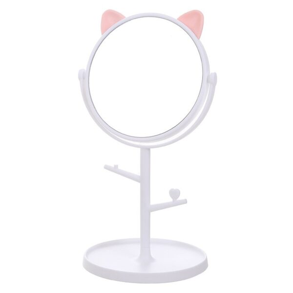 Oglina Cosmetica cu Picior, , HD, Rotire 360 Grade, 15 cm Diametru, Suport Bijuterii Baza Rotunda + 2 Brate, Model cu Urechi, 31 x 14.5 x 15 cm, din Plastic, Alb