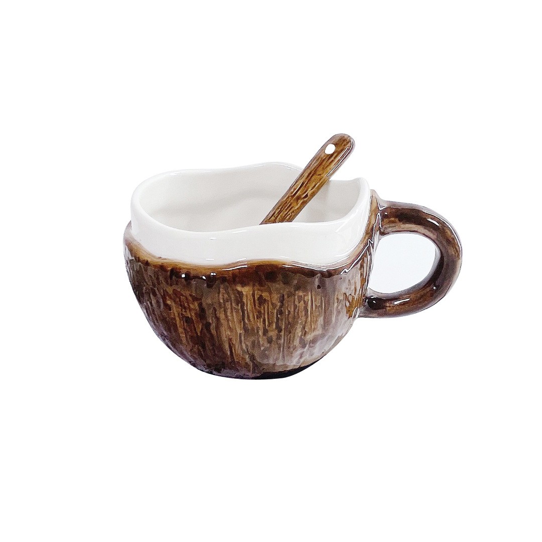 Cana din Ceramica, , 201-300 ml, cu Lingurita, Model Nuca de Cocos, Maro