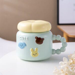 Cana pentru Copii, , din Portelan, print Figurine Animalute, Model CUTE, Cana cu Capac, Ceasca pentru Cafea, Ceai, 400ml Albastru deschis