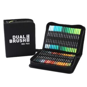 Set Carioci pe Baza de Apa, , 2 in 1, pentru Pictura, Caligrafie, 100 Culori, Penar Negru, Corp Carioca Negru, 23.5 x 19.5 x 7.5 cm, Multicolor
