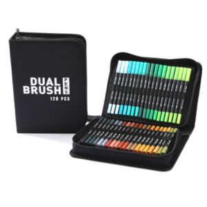 Set Carioci pe Baza de Apa, , 2 in 1, pentru Pictura, Caligrafie, 120 Culori, Penar Negru, Corp Carioca Negru, 27.5 x 19.5 x 8 cm, Multicolor