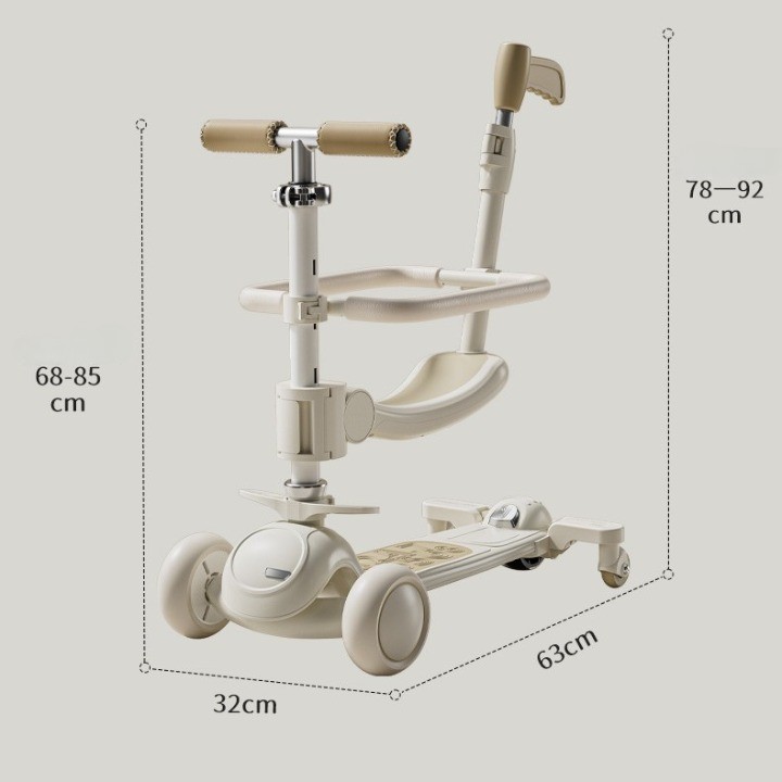Trotineta Tip Carucior pentru Copii 7in1, , Pliabila, Ghidon Reglabil, Parti Detasabile, Lumini LED, Muzica, Suport pentru picioare, Alb - imagine 4