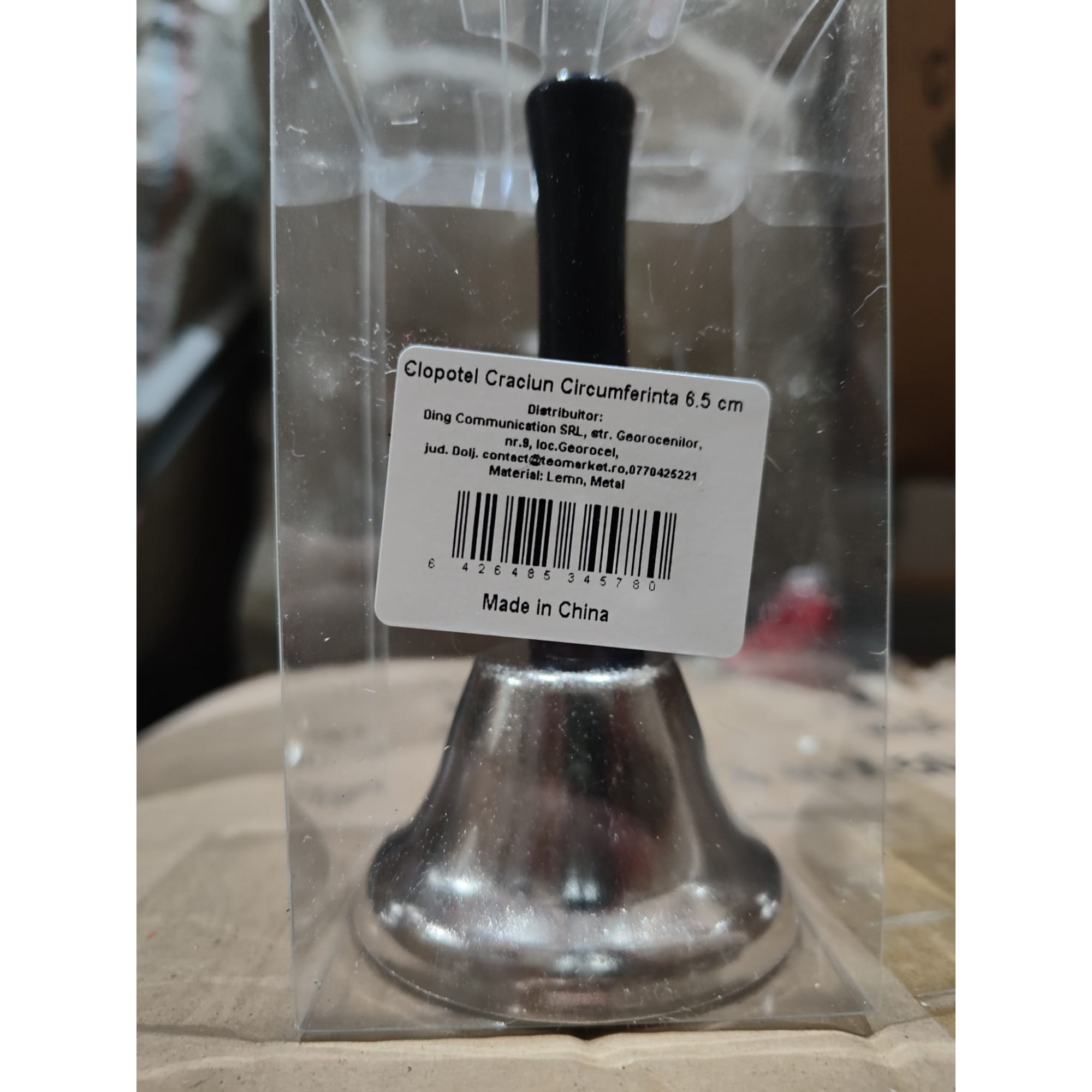 Clopotel de Craciun Metalic, , Maner din Lemn, Circumferinta 6.5 cm, Lungime 12 cm, Argintiu - imagine 3