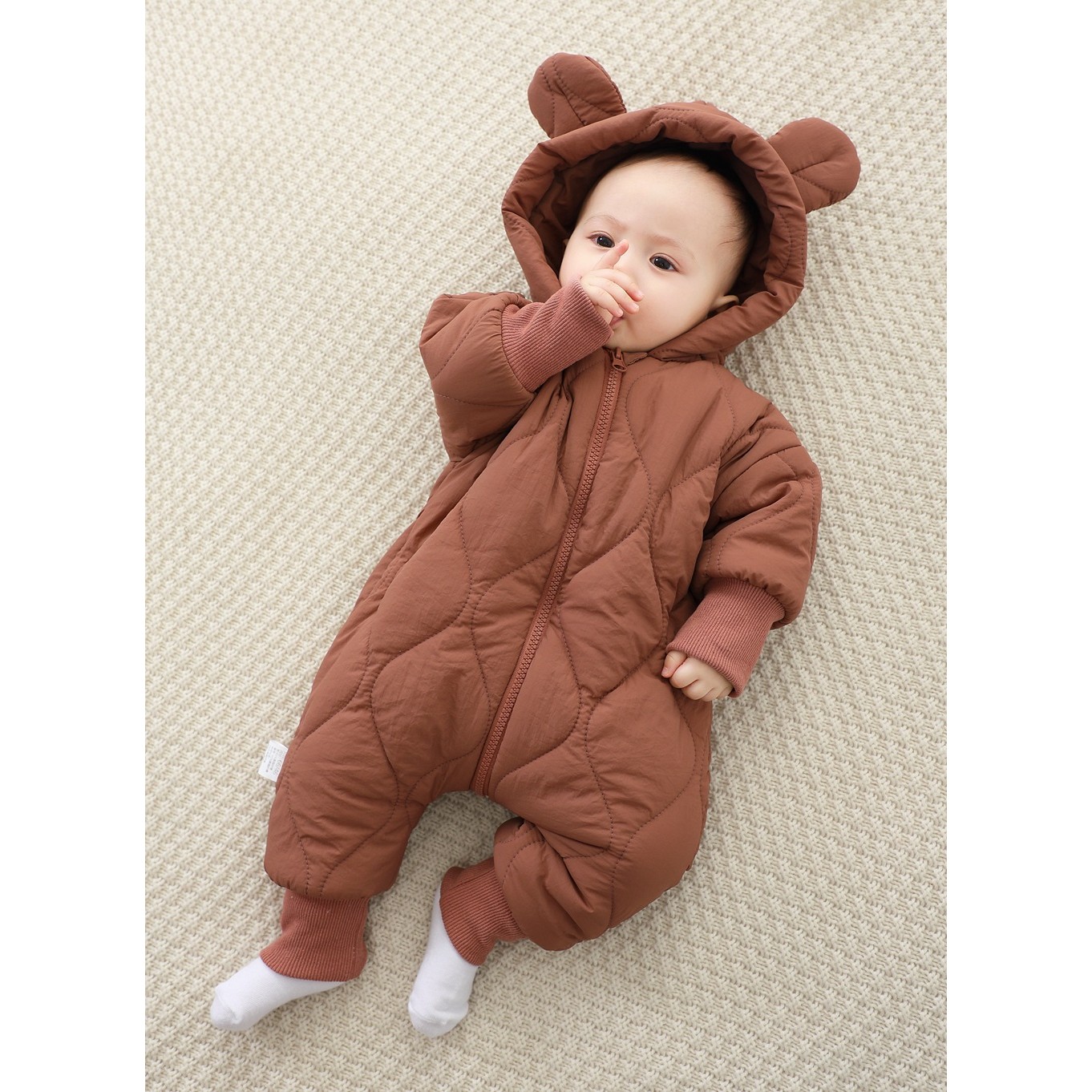 Combinezon de Iarna, , pentru Bebelusi, din Bumbac, cu Urechi, Mansete Elastice, Unisex, 66 cm, Visiniu - imagine 3