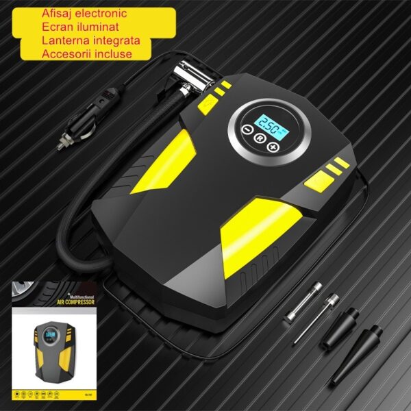 Compresor Auto Portabil cu Lanterna si Afisaj Electornic , DC 12V, 120W, 35L/min, Cablu de alimentare 3m, Pompa Biciclete, Moto, Mingi, Saltele, Max 10.3bar, lumina LED, Negru - imagine 2