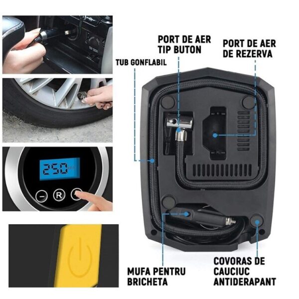 Compresor Auto Portabil cu Lanterna si Afisaj Electornic , DC 12V, 120W, 35L/min, Cablu de alimentare 3m, Pompa Biciclete, Moto, Mingi, Saltele, Max 10.3bar, lumina LED, Negru - imagine 3