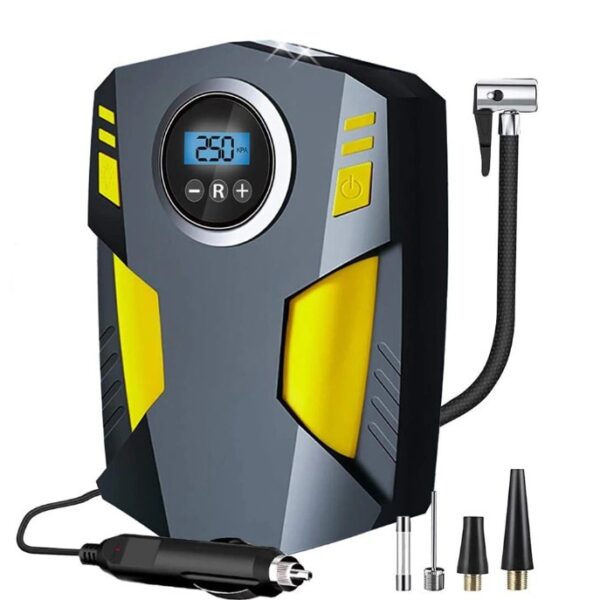 Compresor Auto Portabil cu Lanterna si Afisaj Electornic , DC 12V, 120W, 35L/min, Cablu de alimentare 3m, Pompa Biciclete, Moto, Mingi, Saltele, Max 10.3bar, lumina LED, Negru