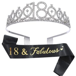 Set 2 Piese pentru Majorat, , 15 x 13 x 5 cm, Coronita Printesa Silver si Panglica 18&Fabulous, Negru